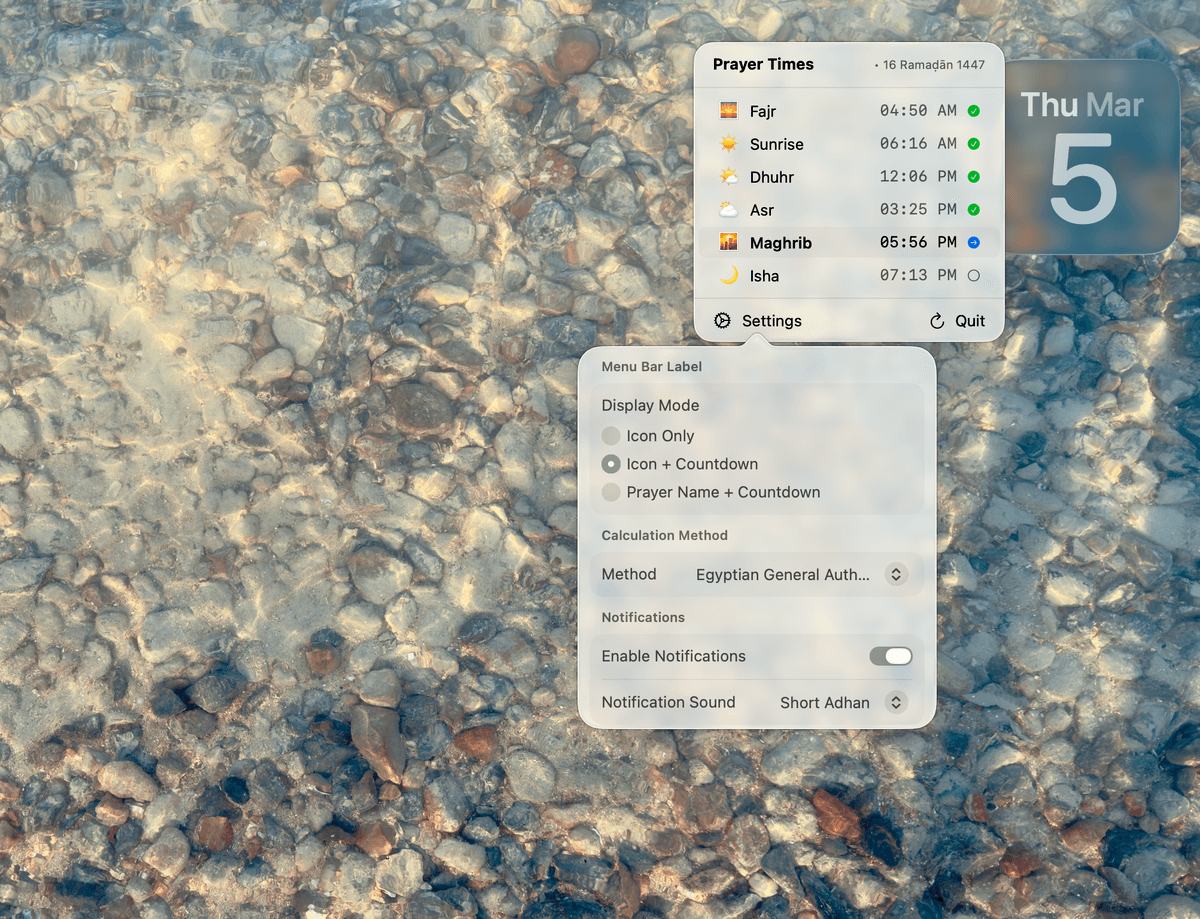 PrayerTime customizable settings panel
